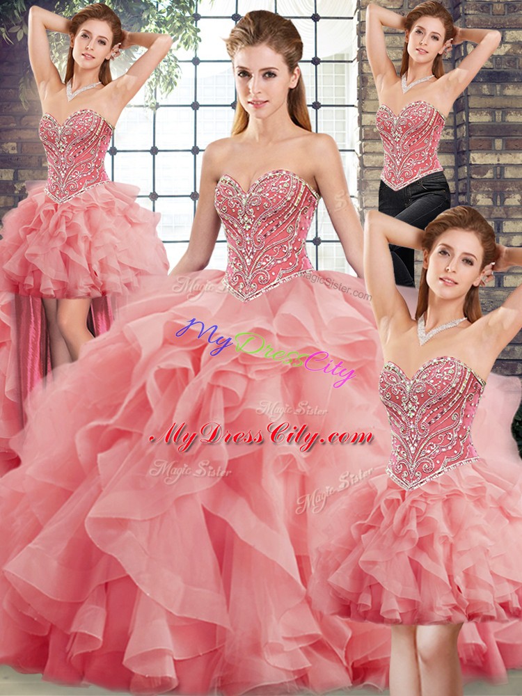 Watermelon Red Sweetheart Lace Up Beading and Ruffles Vestidos de Quinceanera Brush Train Sleeveless