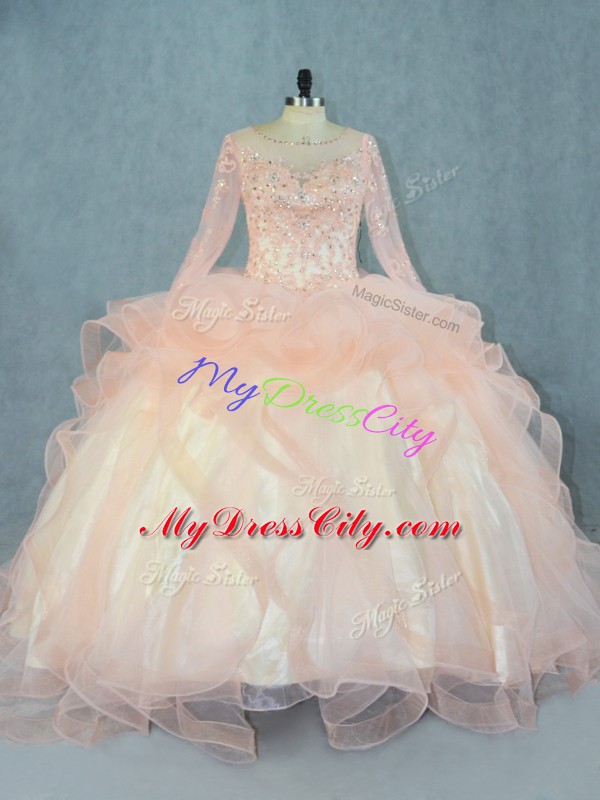 Best Selling Peach Long Sleeves Tulle Lace Up Quince Ball Gowns for Sweet 16 and Quinceanera