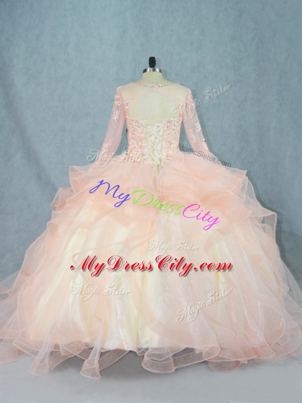 Best Selling Peach Long Sleeves Tulle Lace Up Quince Ball Gowns for Sweet 16 and Quinceanera