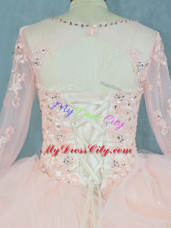 Best Selling Peach Long Sleeves Tulle Lace Up Quince Ball Gowns for Sweet 16 and Quinceanera