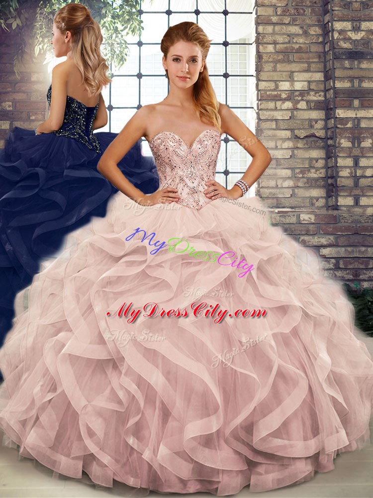 Inexpensive Sleeveless Beading and Ruffles Lace Up Quinceanera Gowns