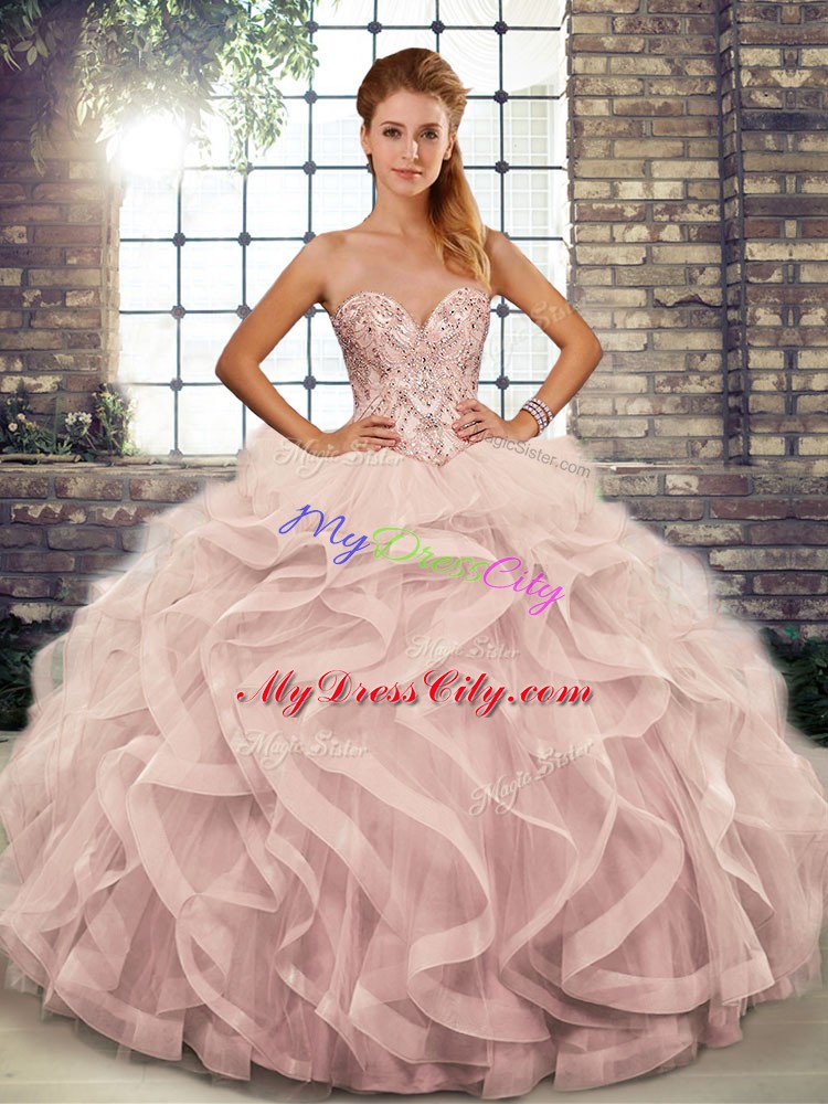 Inexpensive Sleeveless Beading and Ruffles Lace Up Quinceanera Gowns