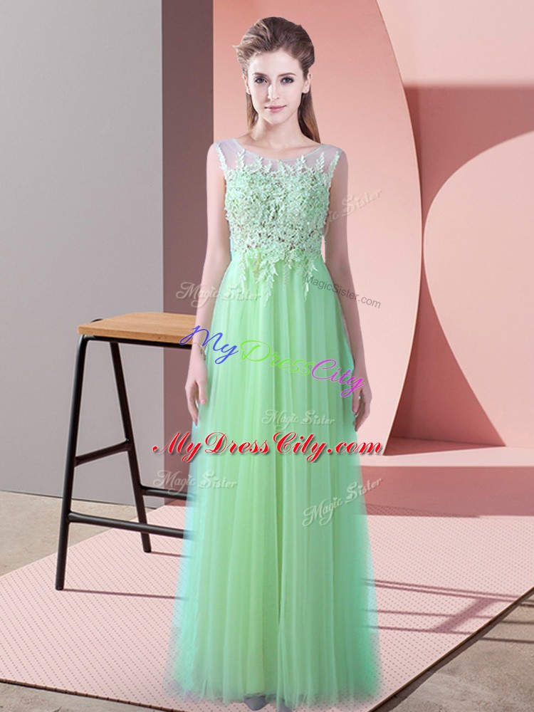 Apple Green Tulle Zipper Scoop Sleeveless Bridesmaids Dress Brush Train Beading and Lace