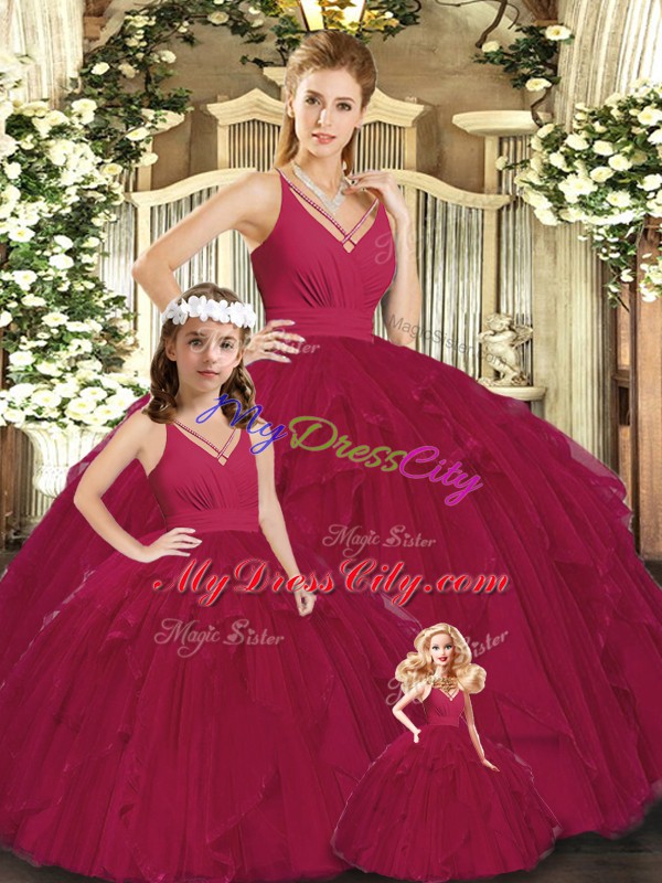 Cute Burgundy Sweet 16 Dress Sweet 16 and Quinceanera with Ruching V-neck Sleeveless Lace Up