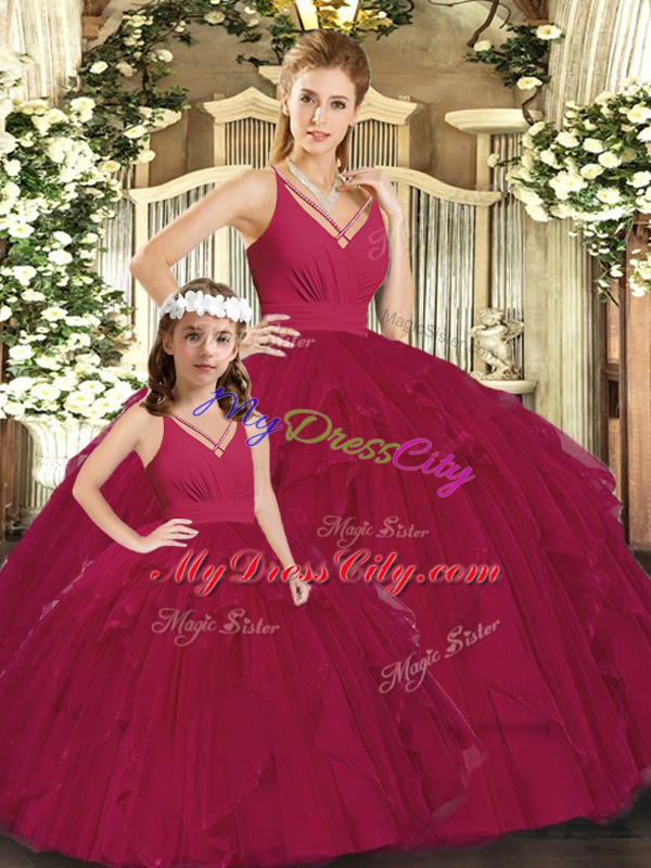 Cute Burgundy Sweet 16 Dress Sweet 16 and Quinceanera with Ruching V-neck Sleeveless Lace Up