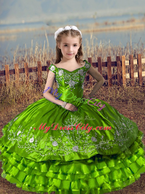 Satin and Organza Lace Up Off The Shoulder Sleeveless Floor Length Child Pageant Dress Embroidery and Ruffled Layers