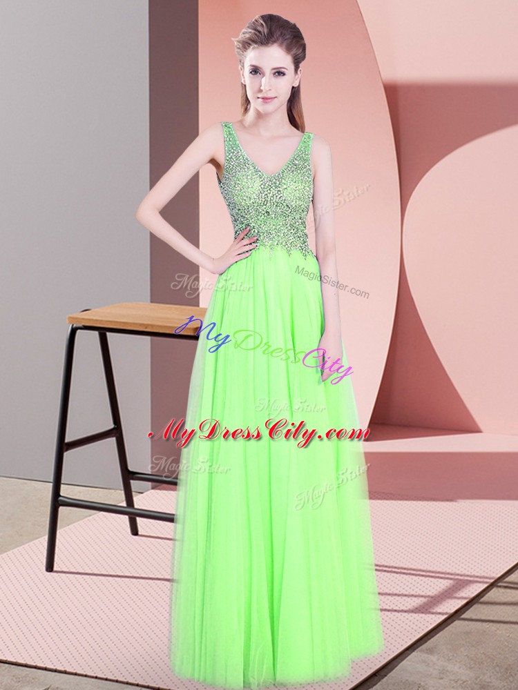 Excellent V-neck Sleeveless Tulle Evening Gowns Beading Zipper