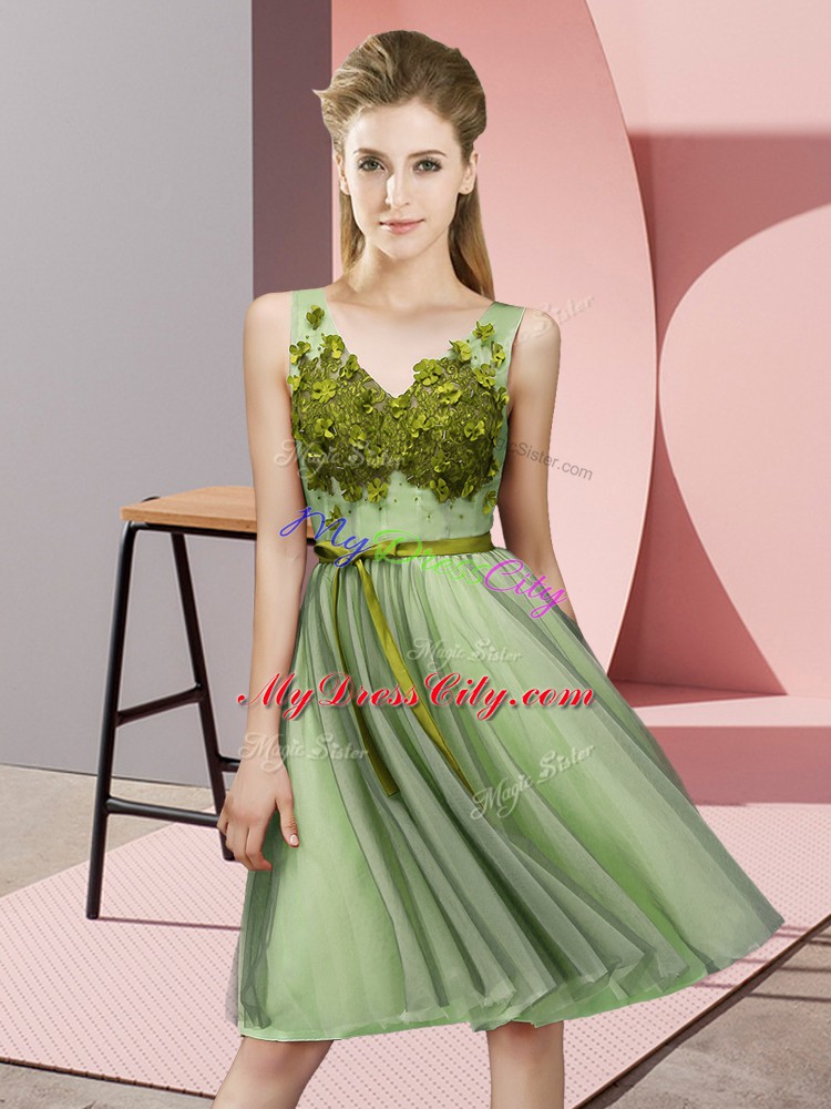 V-neck Sleeveless Lace Up Bridesmaid Dress Yellow Green Tulle