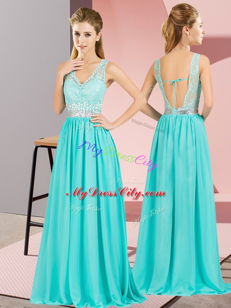 Sleeveless Floor Length Beading and Lace and Appliques Backless Pageant Dress Wholesale with Aqua Blue