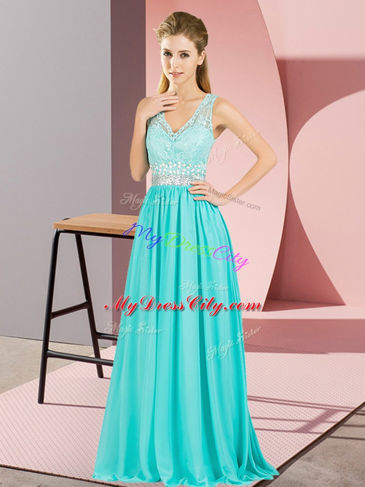 Sleeveless Floor Length Beading and Lace and Appliques Backless Pageant Dress Wholesale with Aqua Blue