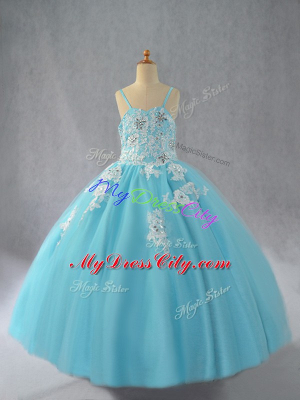 Aqua Blue Tulle Lace Up Spaghetti Straps Sleeveless Floor Length Girls Pageant Dresses Beading and Appliques