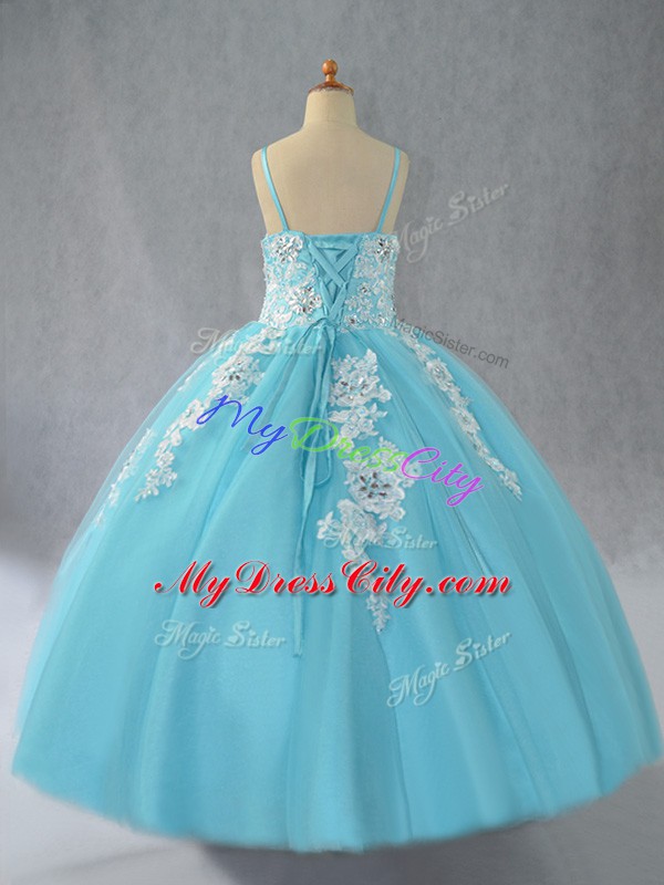 Aqua Blue Tulle Lace Up Spaghetti Straps Sleeveless Floor Length Girls Pageant Dresses Beading and Appliques