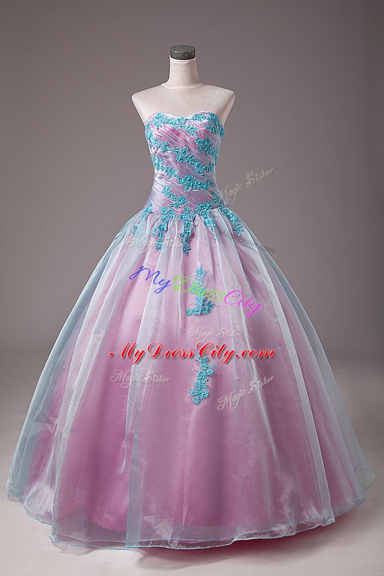 Light Blue Lace Up Sweetheart Appliques Sweet 16 Dresses Organza Sleeveless