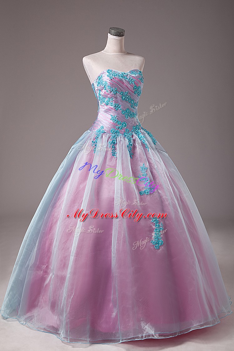 Light Blue Lace Up Sweetheart Appliques Sweet 16 Dresses Organza Sleeveless