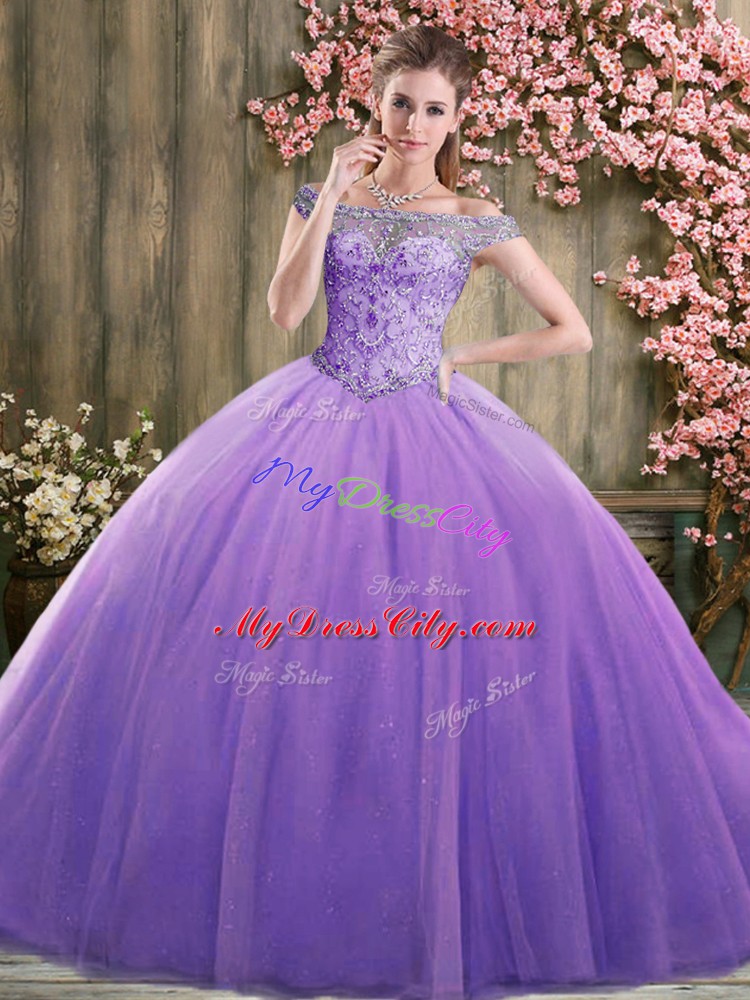 Most Popular Lavender Sleeveless Beading Floor Length 15th Birthday Dress