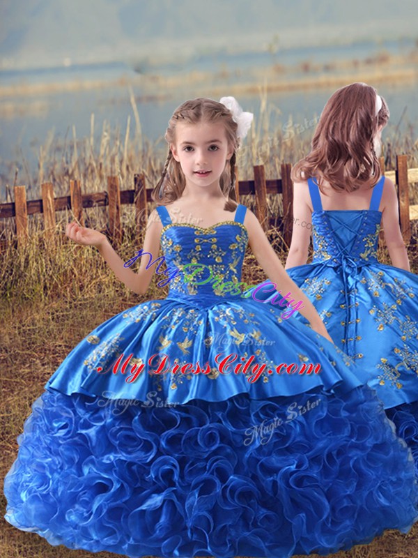 Blue Ball Gowns Straps Sleeveless Fabric With Rolling Flowers Sweep Train Lace Up Embroidery Pageant Dress Toddler