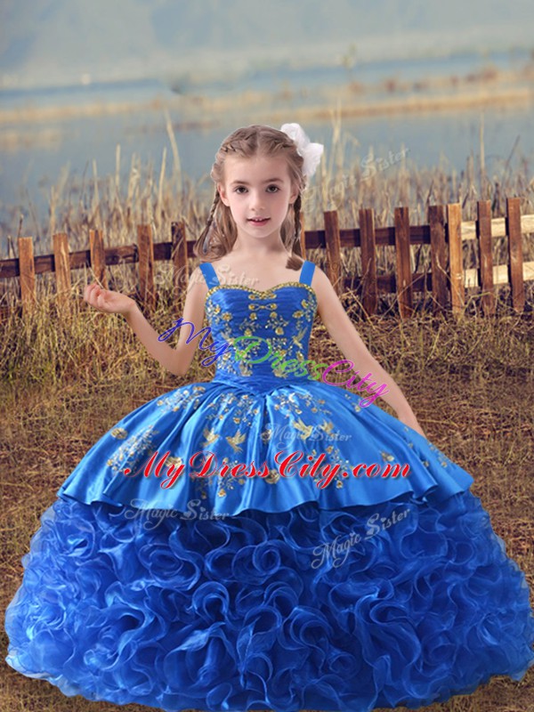 Blue Ball Gowns Straps Sleeveless Fabric With Rolling Flowers Sweep Train Lace Up Embroidery Pageant Dress Toddler