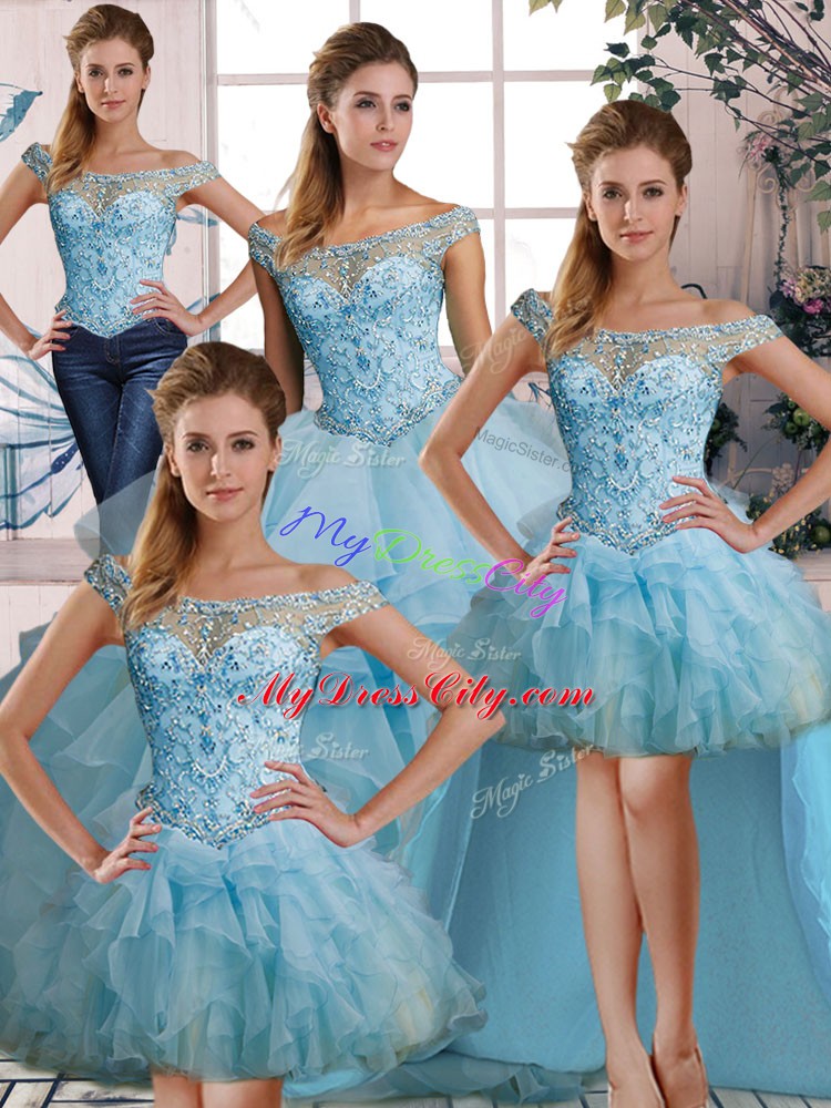 Gorgeous Light Blue Organza Lace Up Sweet 16 Dresses Sleeveless Floor Length Beading and Ruffles