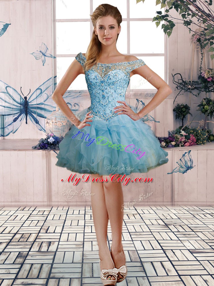 Gorgeous Light Blue Organza Lace Up Sweet 16 Dresses Sleeveless Floor Length Beading and Ruffles