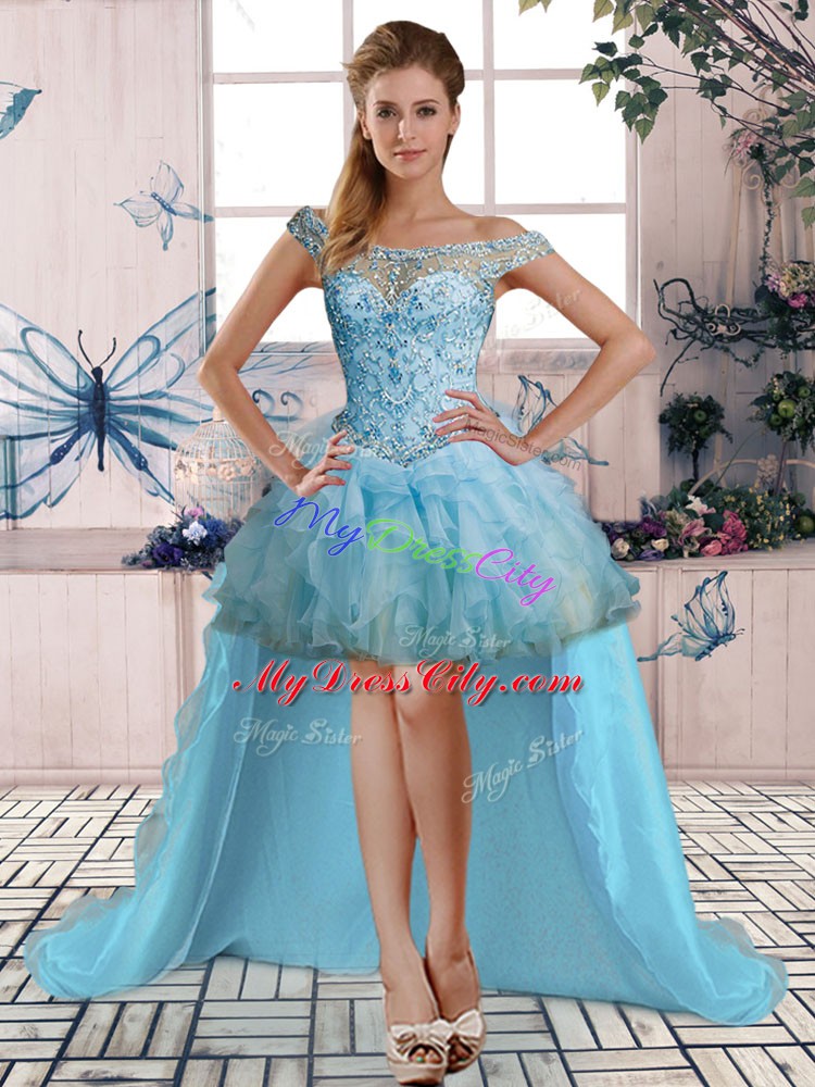 Gorgeous Light Blue Organza Lace Up Sweet 16 Dresses Sleeveless Floor Length Beading and Ruffles