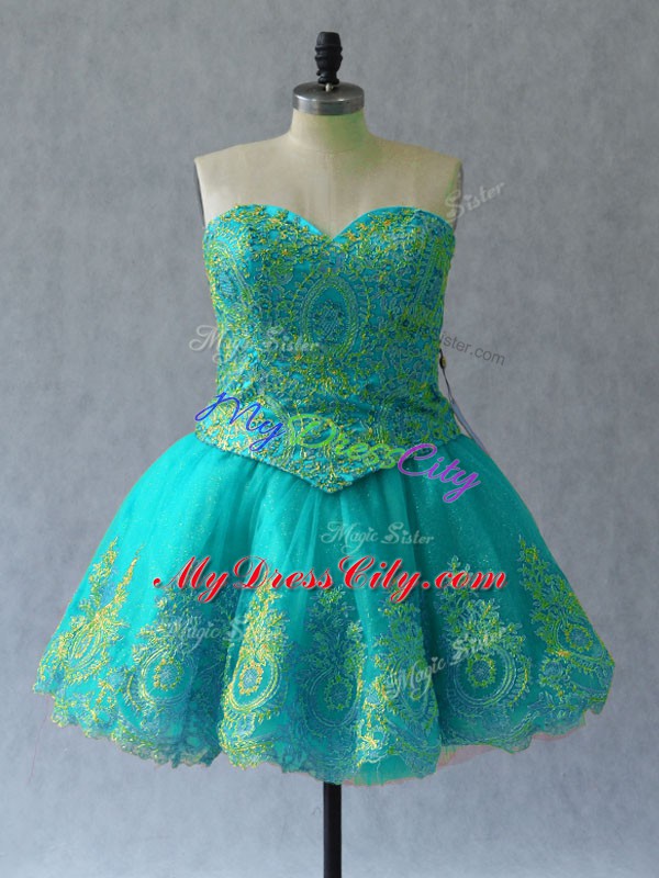 Decent Turquoise Tulle Lace Up Homecoming Dress Sleeveless Mini Length Appliques and Embroidery