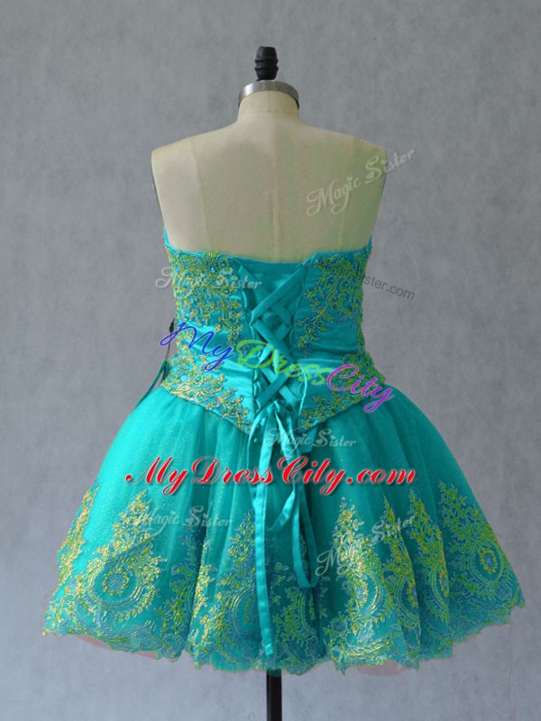 Decent Turquoise Tulle Lace Up Homecoming Dress Sleeveless Mini Length Appliques and Embroidery