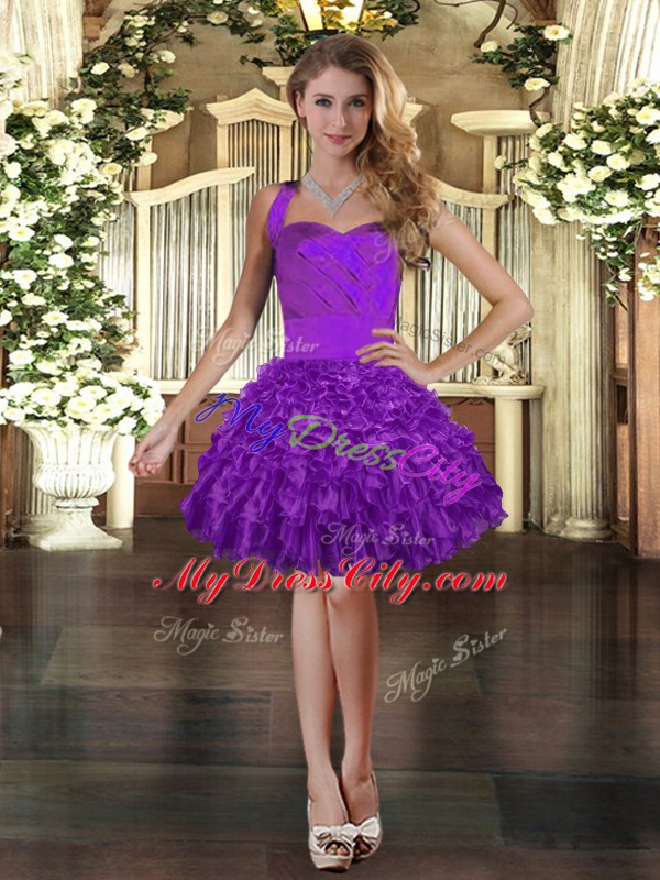 Purple Sleeveless Mini Length Ruffles Lace Up Homecoming Dress