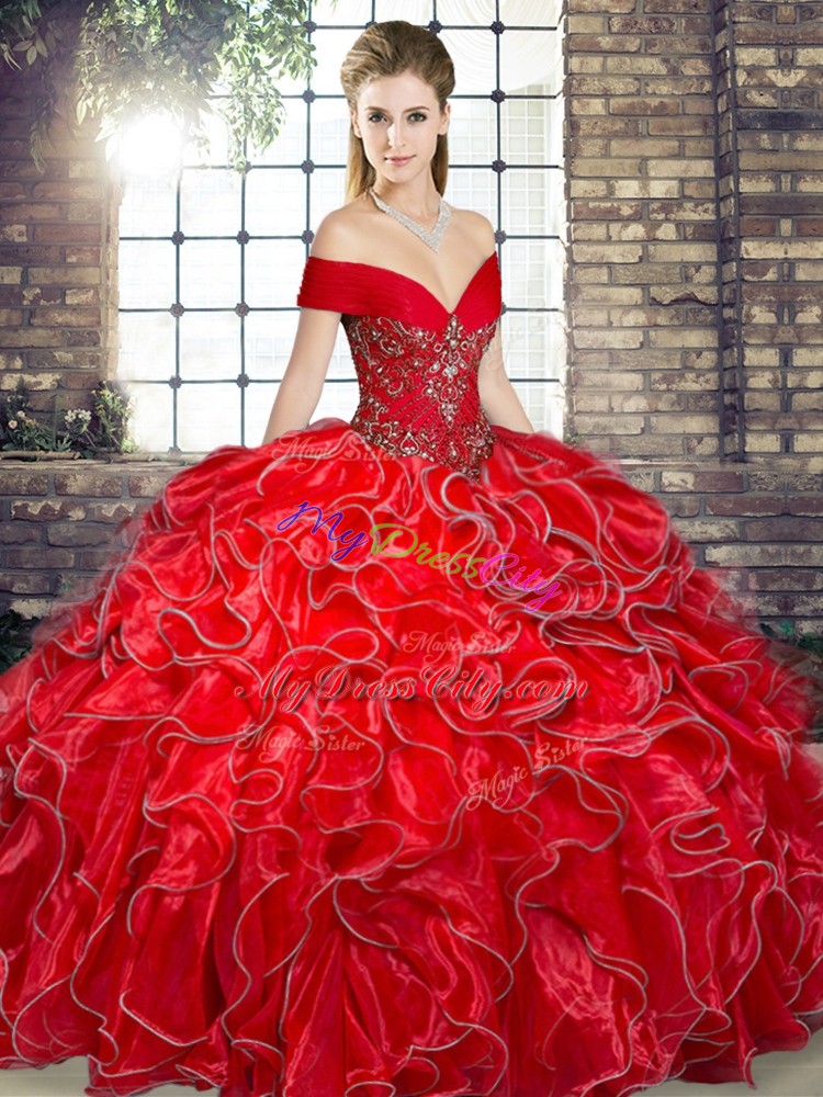 Red Ball Gowns Off The Shoulder Sleeveless Organza Floor Length Lace Up Beading and Ruffles Sweet 16 Dresses