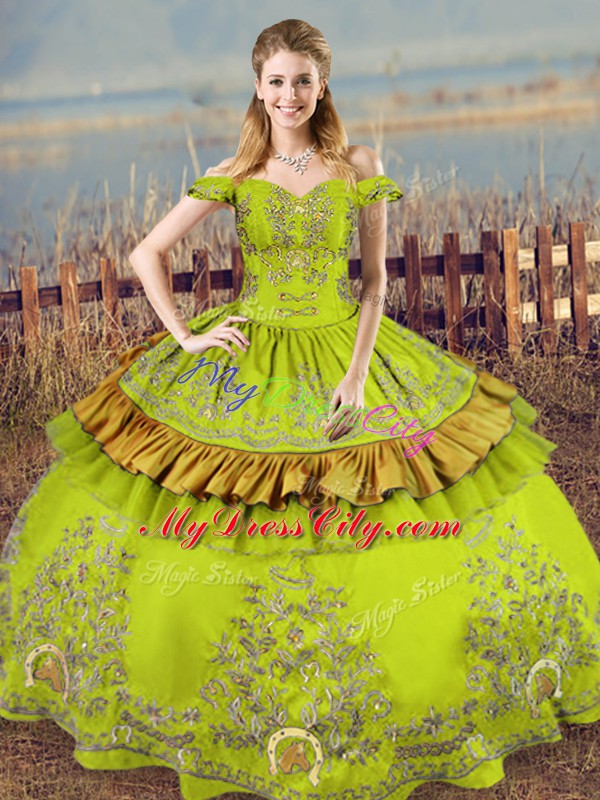 Sophisticated Olive Green Vestidos de Quinceanera Sweet 16 and Quinceanera with Embroidery Off The Shoulder Sleeveless Lace Up