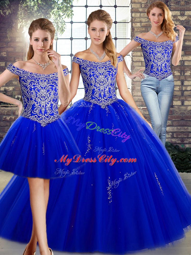 Royal Blue Three Pieces Tulle Off The Shoulder Sleeveless Beading Floor Length Lace Up Vestidos de Quinceanera