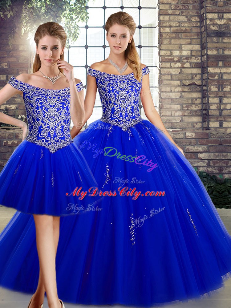 Royal Blue Three Pieces Tulle Off The Shoulder Sleeveless Beading Floor Length Lace Up Vestidos de Quinceanera