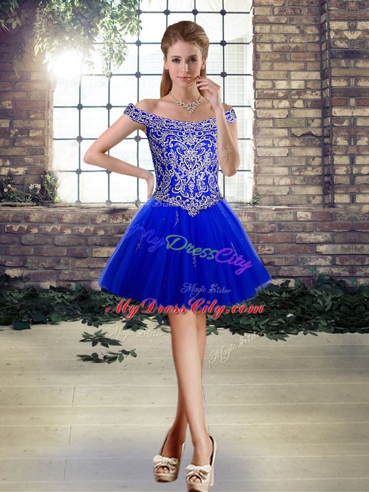 Royal Blue Three Pieces Tulle Off The Shoulder Sleeveless Beading Floor Length Lace Up Vestidos de Quinceanera