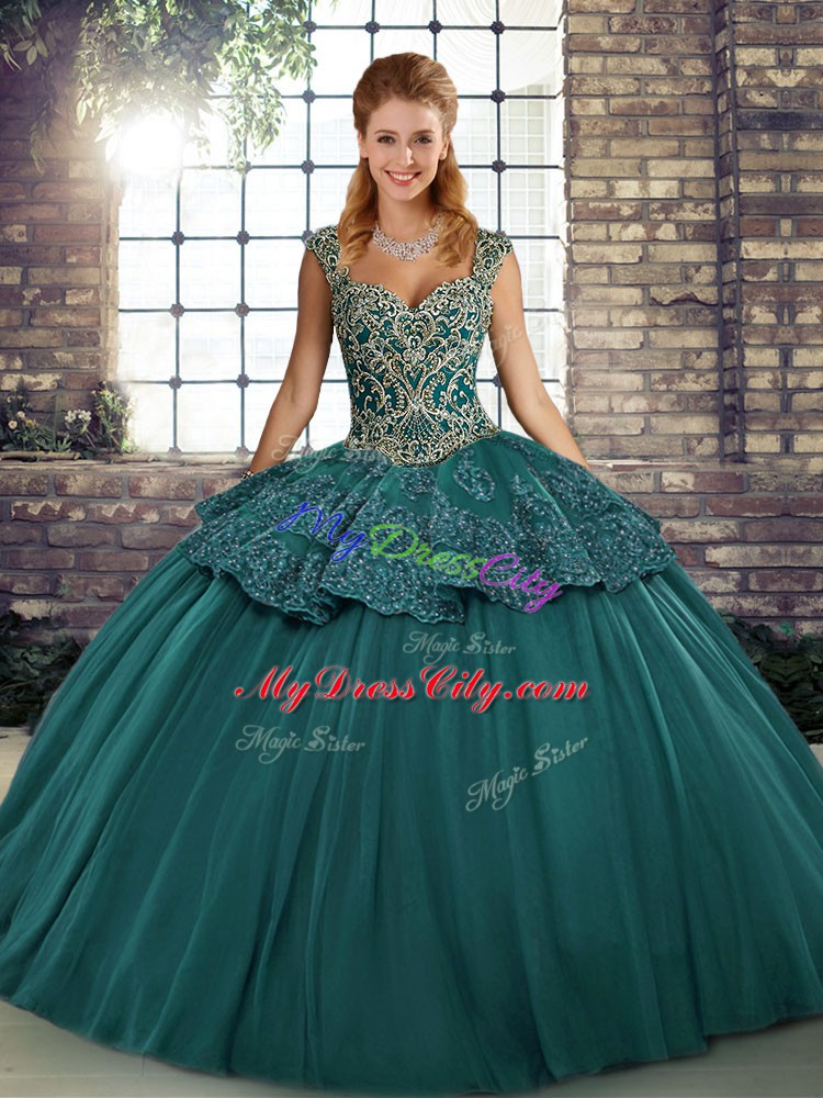 Spectacular Sleeveless Tulle Floor Length Lace Up Quinceanera Gown in Green with Beading and Appliques