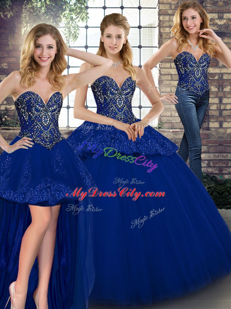 Shining Royal Blue Sleeveless Floor Length Beading and Appliques Lace Up Sweet 16 Dress