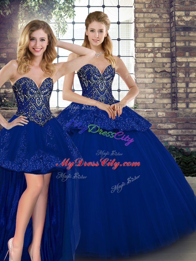 Shining Royal Blue Sleeveless Floor Length Beading and Appliques Lace Up Sweet 16 Dress