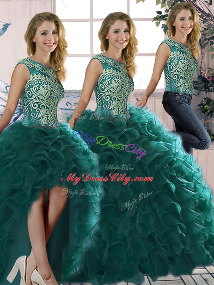 Ideal Sleeveless Organza Floor Length Lace Up Sweet 16 Quinceanera Dress in Peacock Green with Beading and Ruffles