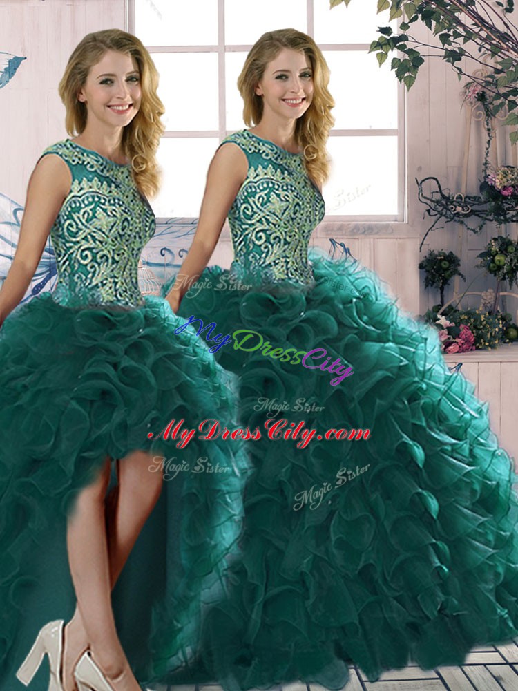 Ideal Sleeveless Organza Floor Length Lace Up Sweet 16 Quinceanera Dress in Peacock Green with Beading and Ruffles