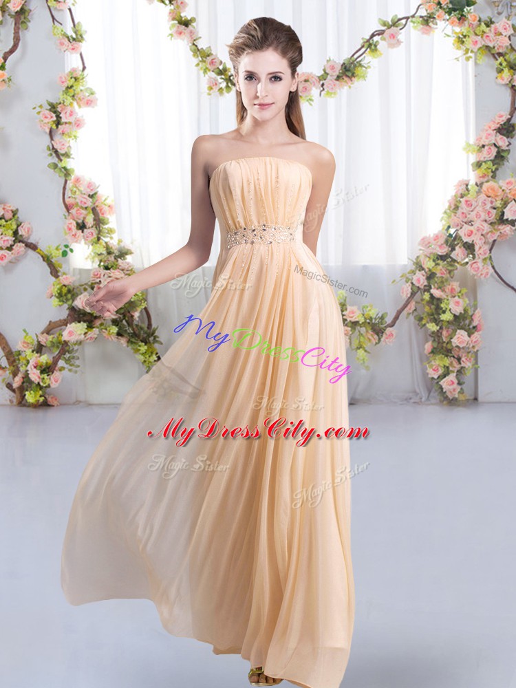 Peach Lace Up Dama Dress for Quinceanera Beading Sleeveless Sweep Train