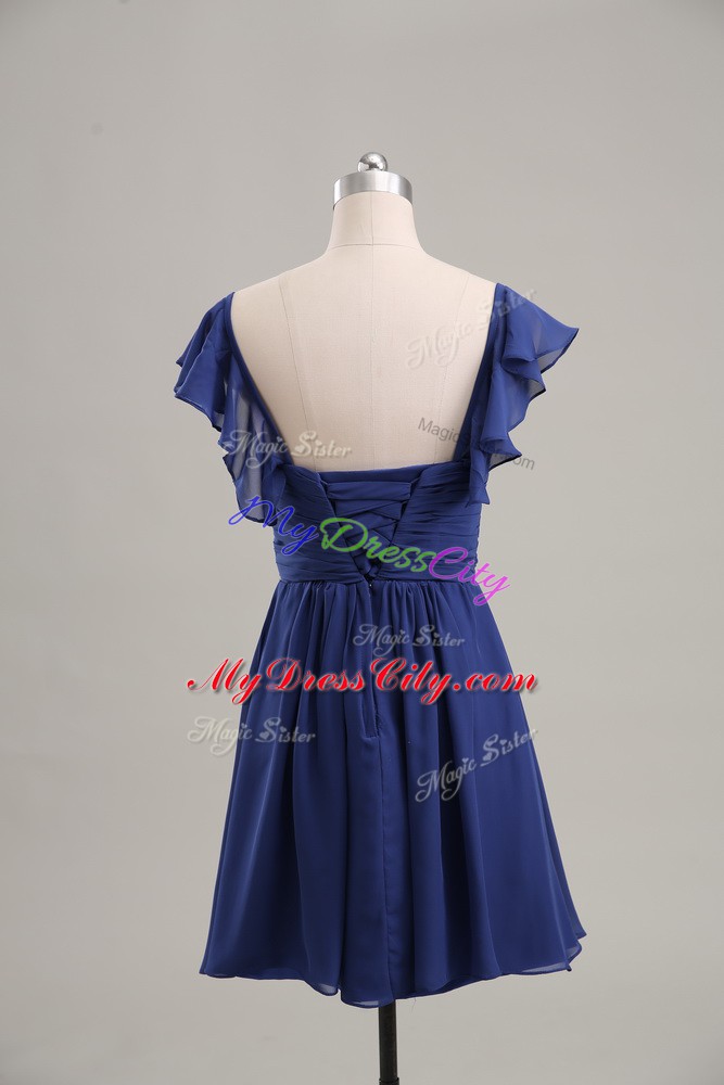 Edgy Blue Sleeveless Mini Length Ruching Lace Up Prom Gown