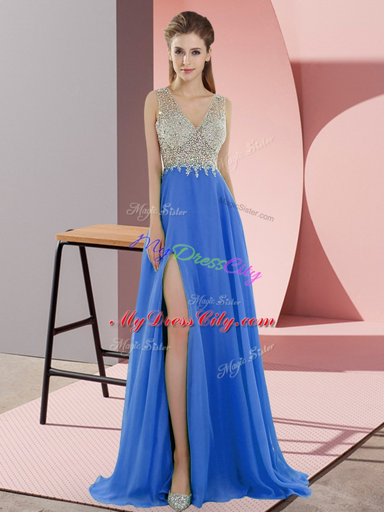 Cute Blue Sleeveless Beading Zipper Going Out Dresses