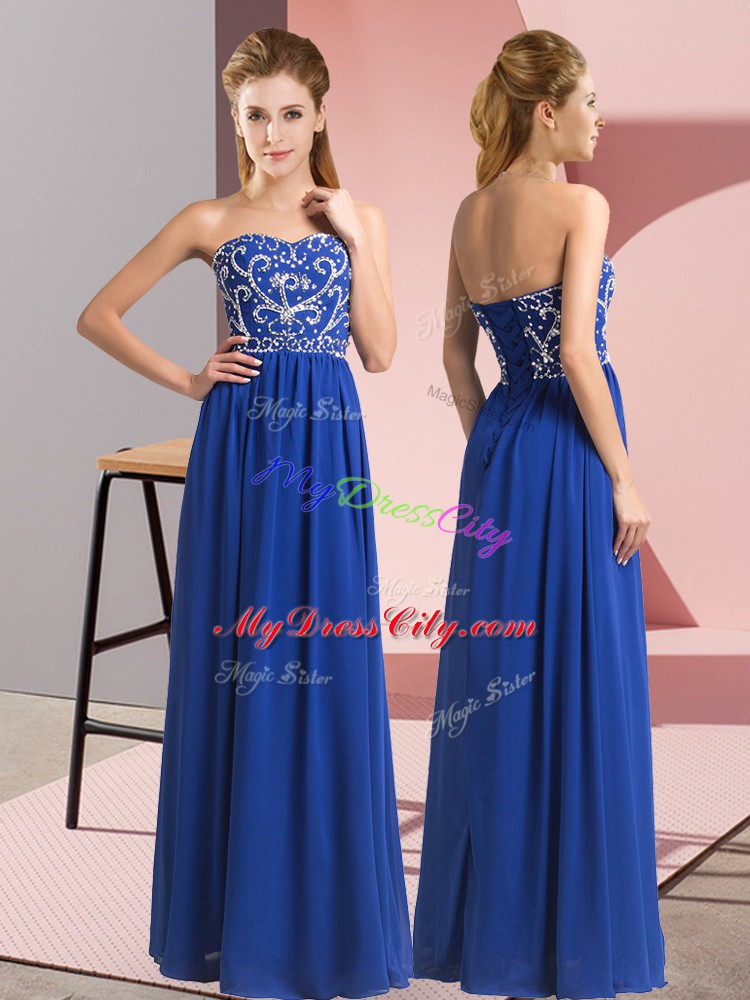 Royal Blue Sleeveless Floor Length Beading Lace Up Prom Dress