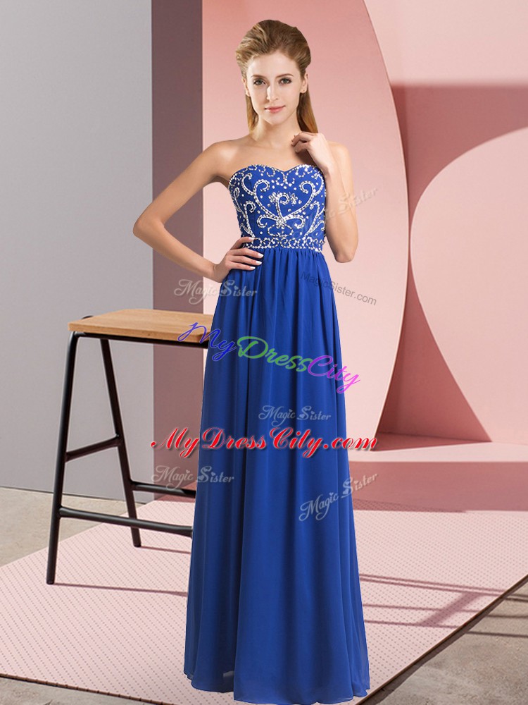 Royal Blue Sleeveless Floor Length Beading Lace Up Prom Dress