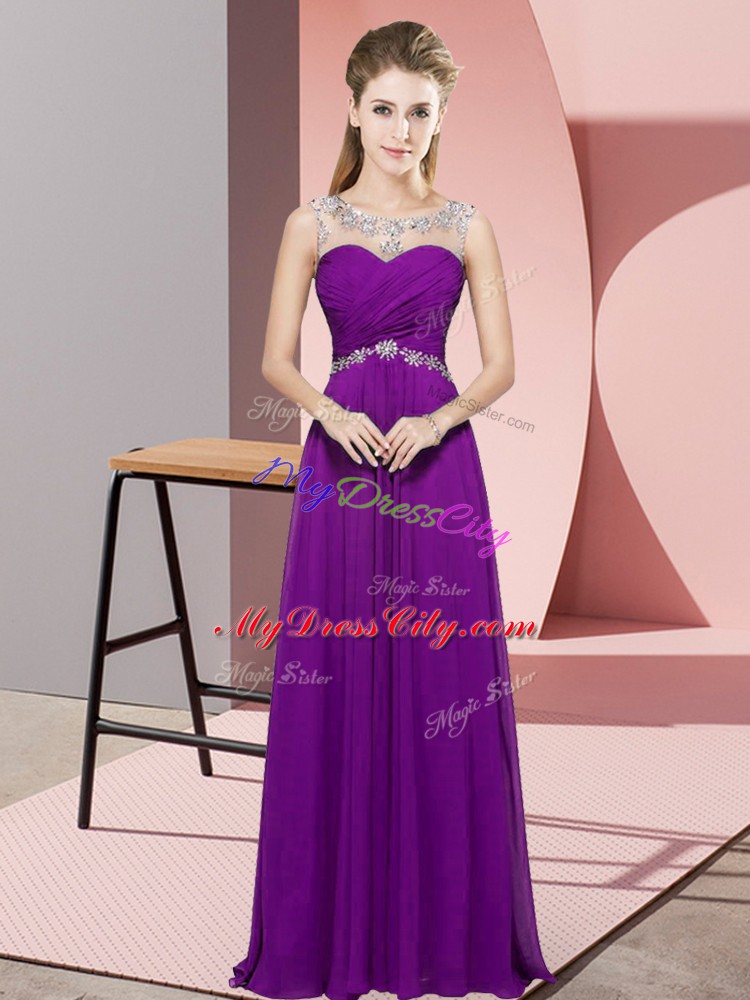 Beauteous Eggplant Purple Backless Scoop Beading Prom Party Dress Chiffon Sleeveless