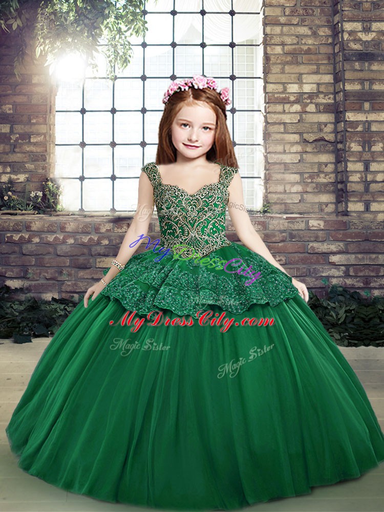 Floor Length Lace Up Kids Pageant Dress Dark Green for Party and Military Ball and Wedding Party with Beading and Lace