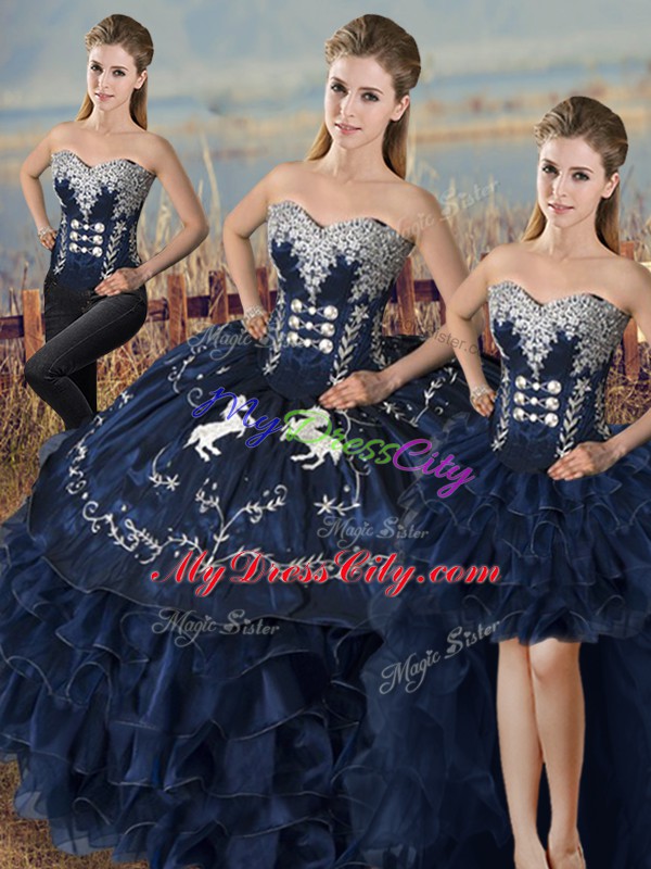 Designer Navy Blue Sweetheart Lace Up Embroidery and Ruffles Quinceanera Dresses Sleeveless