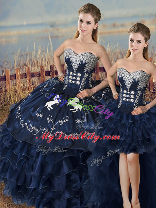 Designer Navy Blue Sweetheart Lace Up Embroidery and Ruffles Quinceanera Dresses Sleeveless