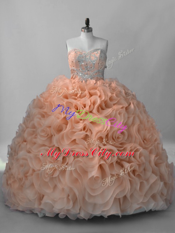 Sleeveless Beading Lace Up Quinceanera Gowns with Peach Brush Train