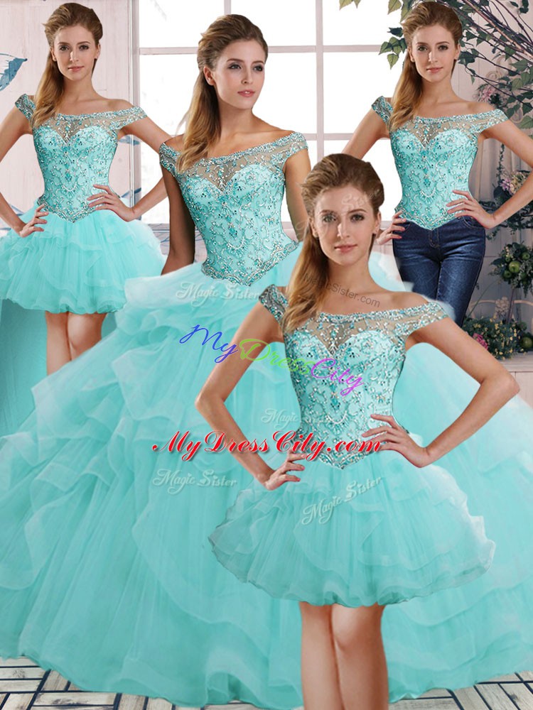 Fabulous Aqua Blue Ball Gowns Beading and Ruffles Ball Gown Prom Dress Lace Up Tulle Sleeveless Floor Length