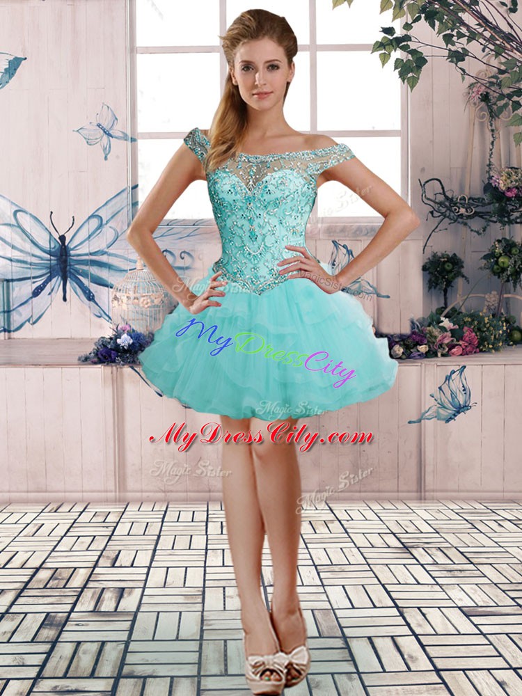 Fabulous Aqua Blue Ball Gowns Beading and Ruffles Ball Gown Prom Dress Lace Up Tulle Sleeveless Floor Length