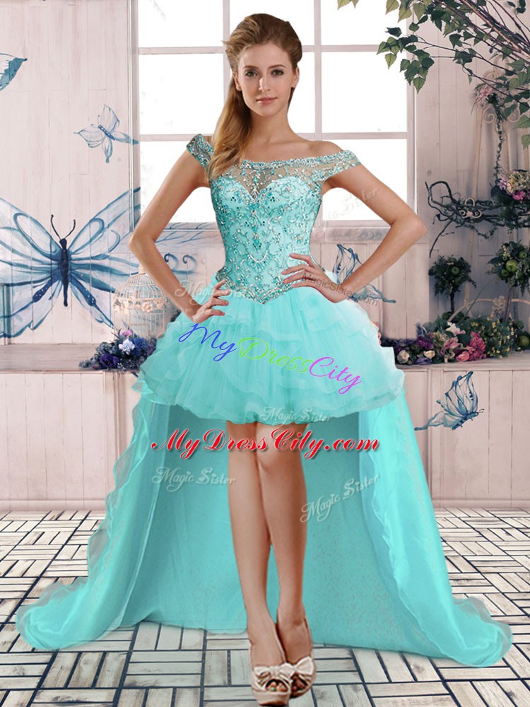 Fabulous Aqua Blue Ball Gowns Beading and Ruffles Ball Gown Prom Dress Lace Up Tulle Sleeveless Floor Length